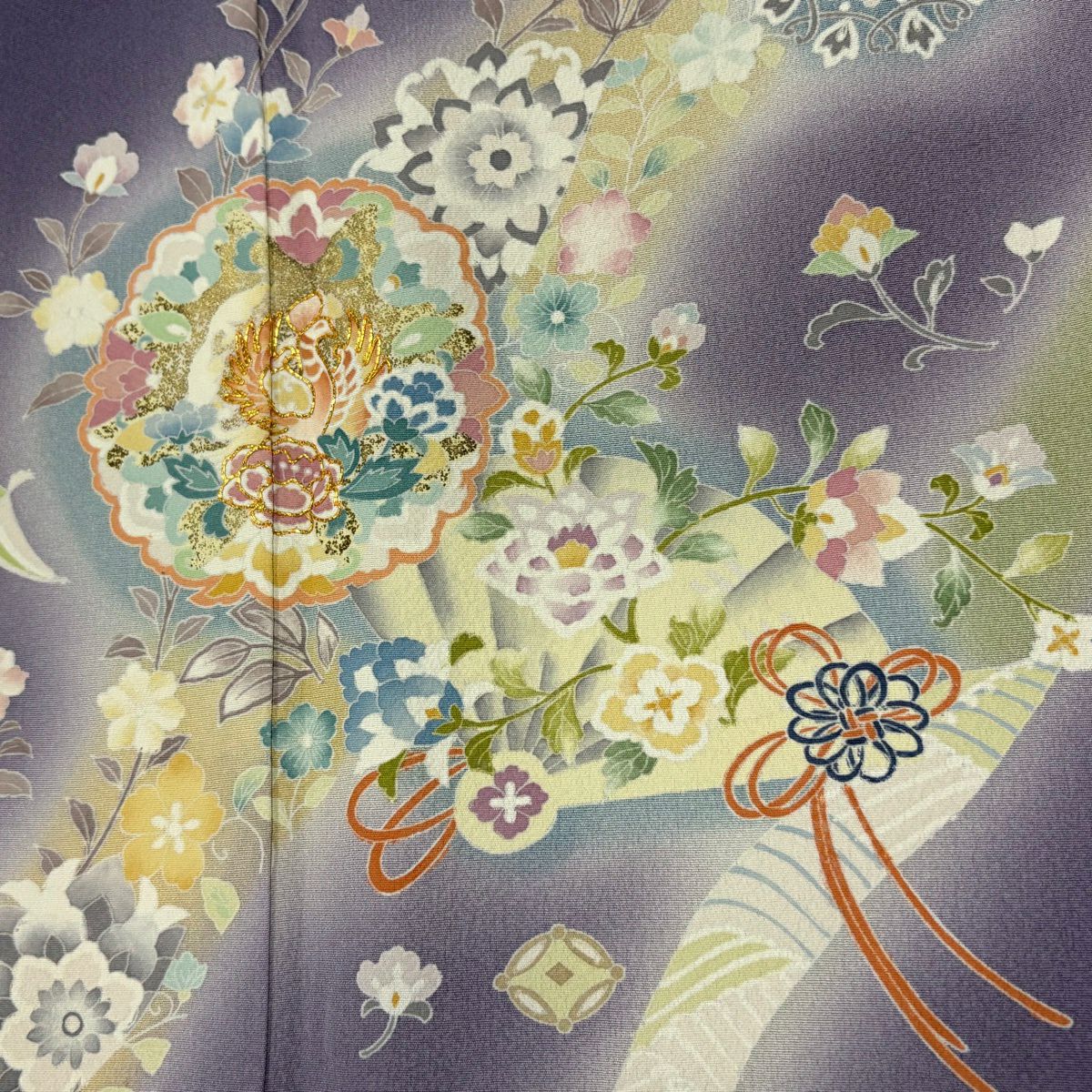 訪問服 身長163cm 袖長67cm M 雙層 草花紋紋 扇子子 金糸 漸層 淡紫 純蠶絲 名品級 一つ紋