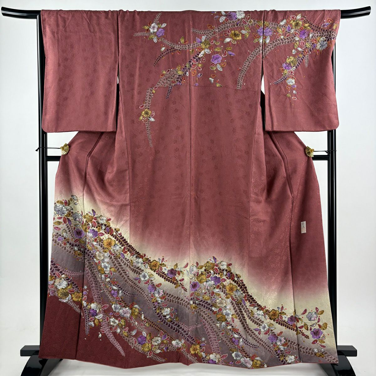 訪問服 身長163.5cm 袖長68cm L 雙層 落款あり 辻花染 漸層 小豆 深藍 純蠶絲 名品級