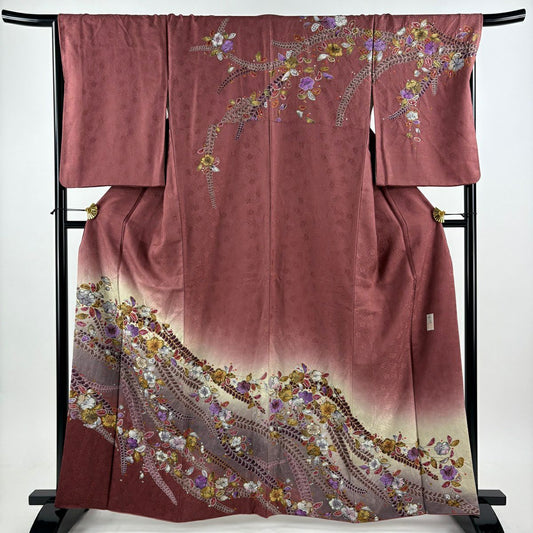 訪問服 身長163.5cm 袖長68cm L 雙層 落款あり 辻花染 漸層 小豆 深藍 純蠶絲 名品級