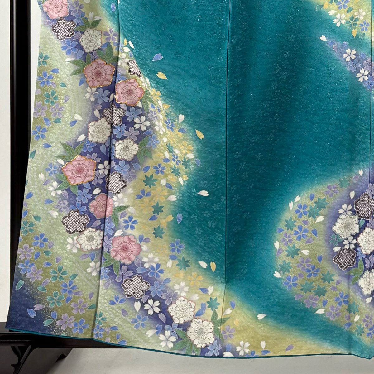振袖禮服 身長160cm 袖長64cm M 雙層 櫻花 流水 金絲 銀通 青綠 純蠶絲 名品級