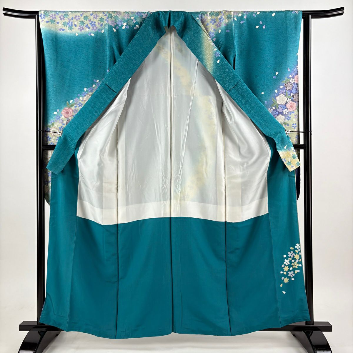 振袖禮服 身長160cm 袖長64cm M 雙層 櫻花 流水 金絲 銀通 青綠 純蠶絲 名品級