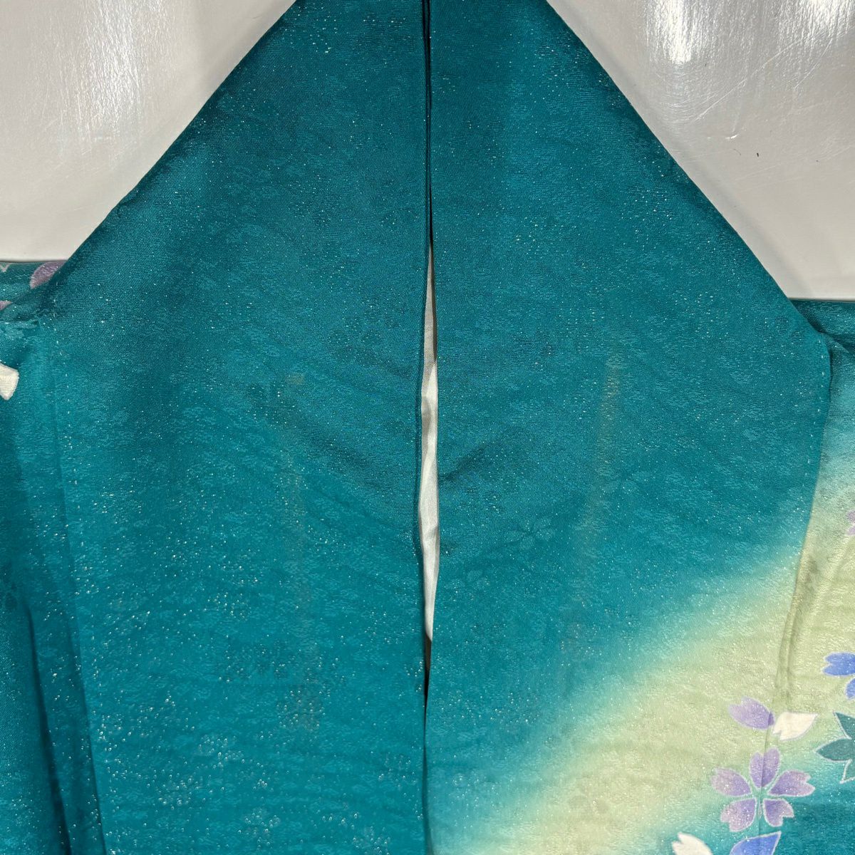 振袖禮服 身長160cm 袖長64cm M 雙層 櫻花 流水 金絲 銀通 青綠 純蠶絲 名品級