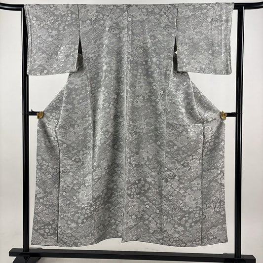【美品】 小紋 身長151cm 袖長62cm S 雙層 草花紋紋 松樹紋意匠 灰色 純蠶絲 名品級