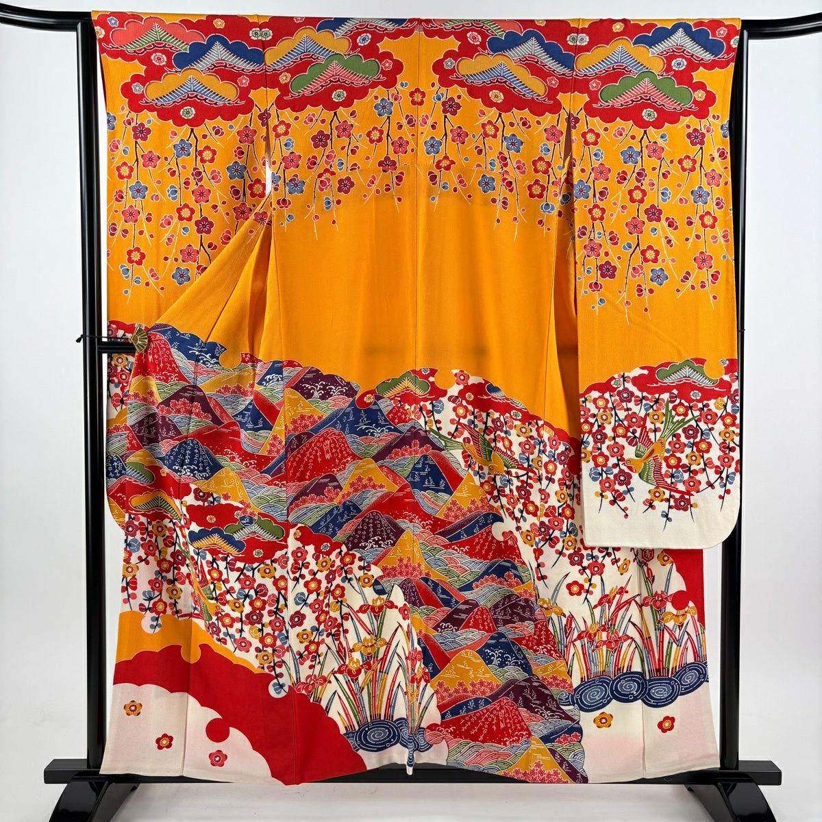 振袖禮服 身長157cm 袖長64.5cm M 雙層 松樹梅花 山並 縮緬 橙色 純蠶絲 逸品級 一個紋