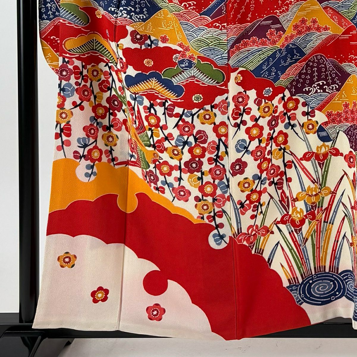 振袖禮服 身長157cm 袖長64.5cm M 雙層 松樹梅花 山並 縮緬 橙色 純蠶絲 逸品級 一個紋
