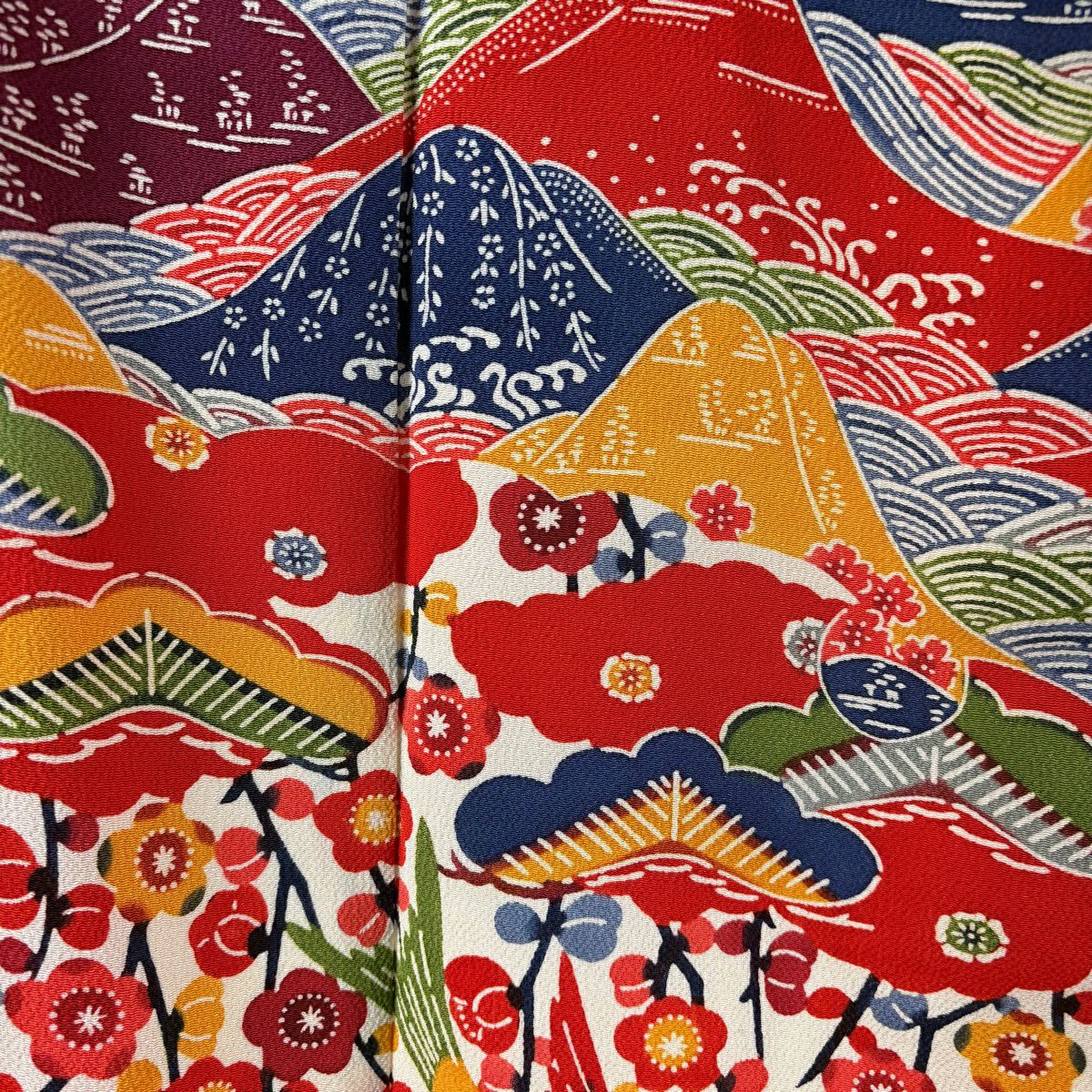 振袖禮服 身長157cm 袖長64.5cm M 雙層 松樹梅花 山並 縮緬 橙色 純蠶絲 逸品級 一個紋