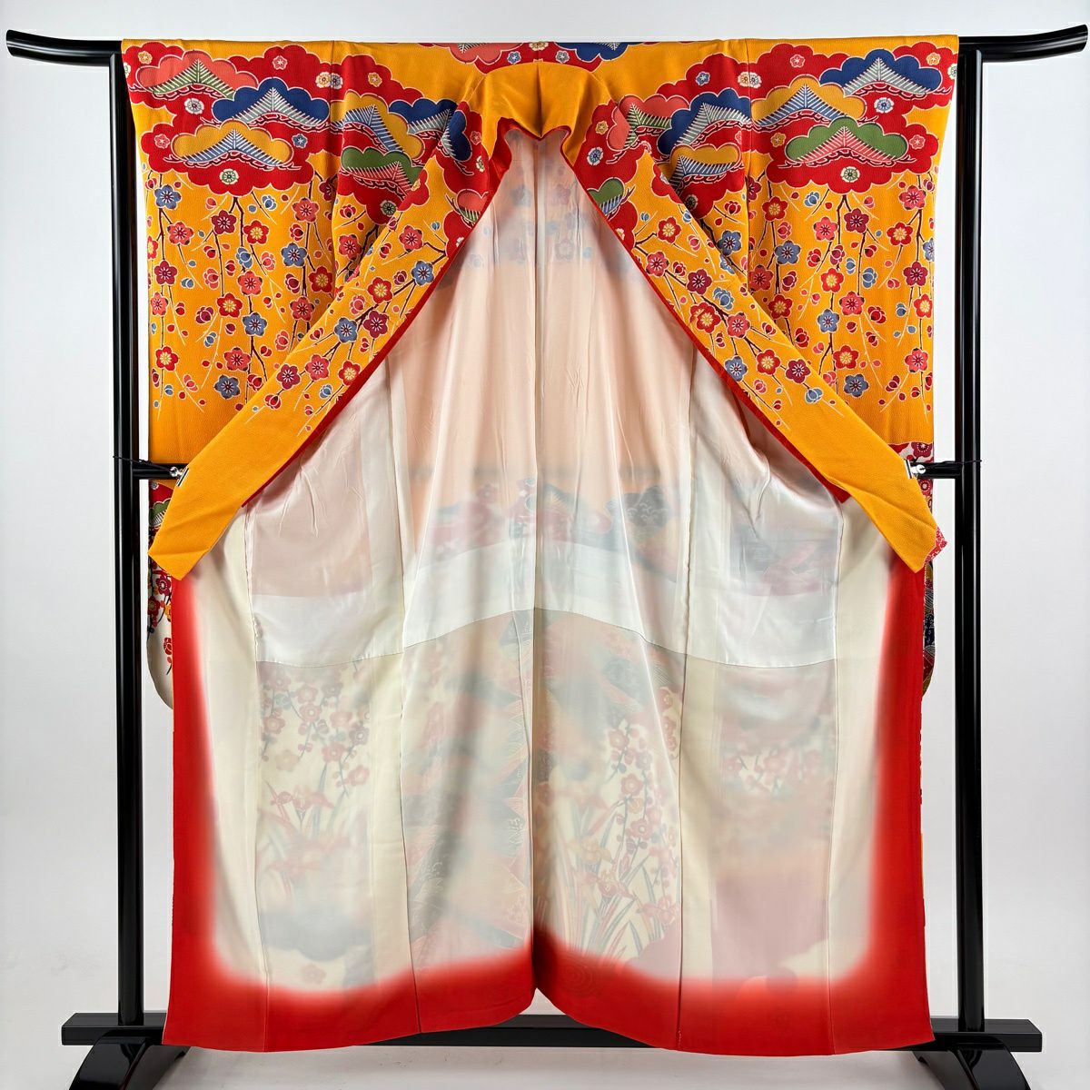 振袖禮服 身長157cm 袖長64.5cm M 雙層 松樹梅花 山並 縮緬 橙色 純蠶絲 逸品級 一個紋