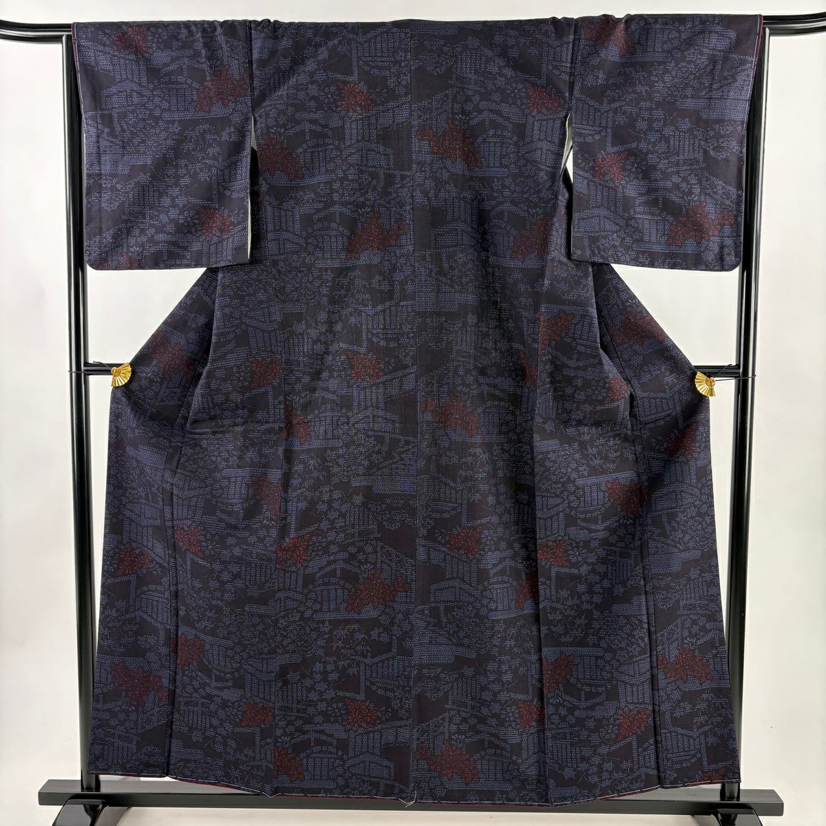【美品】結城紬織 身長160cm 袖長65cm M 雙層 有證書 菊花 龜甲絣 深藍 純蠶絲 逸品級