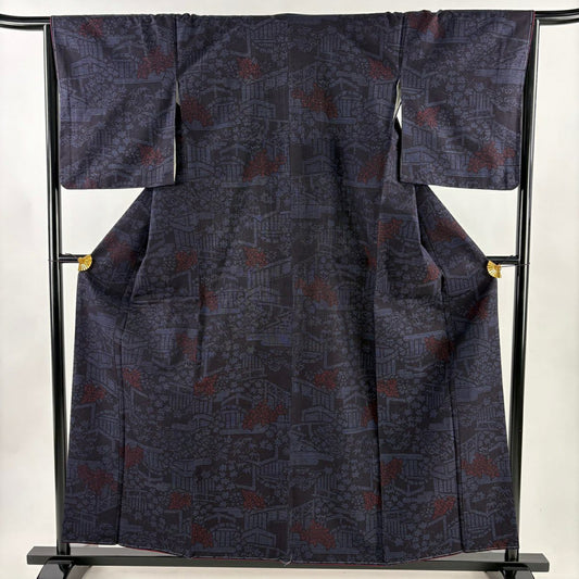 【美品】結城紬織 身長160cm 袖長65cm M 雙層 有證書 菊花 龜甲絣 深藍 純蠶絲 逸品級