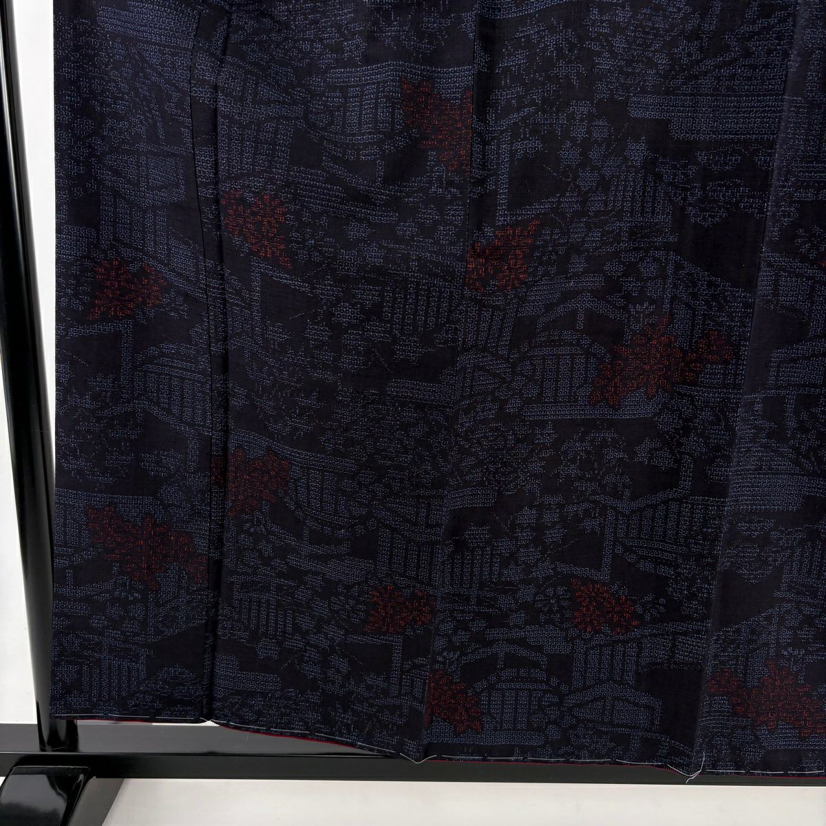 【美品】結城紬織 身長160cm 袖長65cm M 雙層 有證書 菊花 龜甲絣 深藍 純蠶絲 逸品級