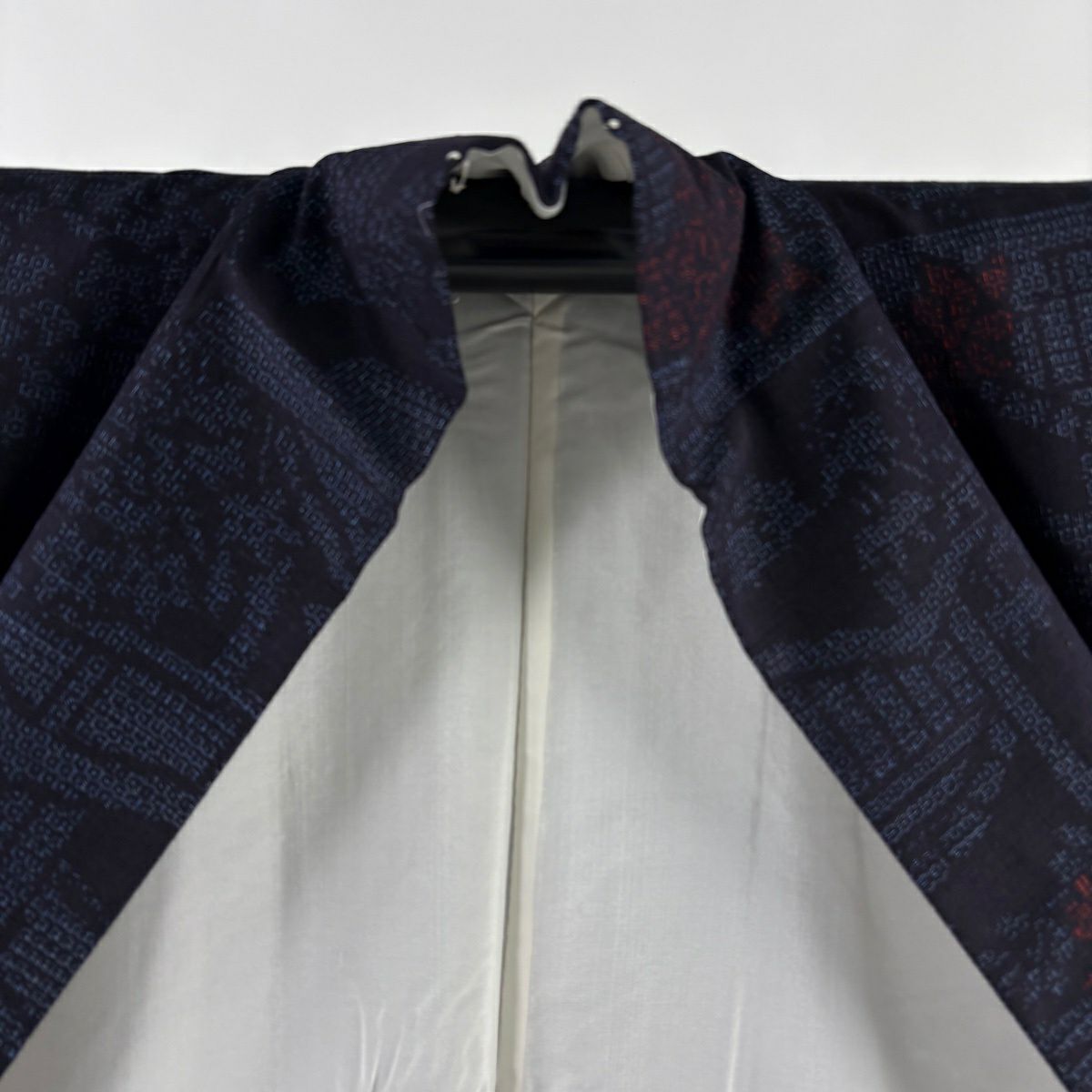 【美品】結城紬織 身長160cm 袖長65cm M 雙層 有證書 菊花 龜甲絣 深藍 純蠶絲 逸品級