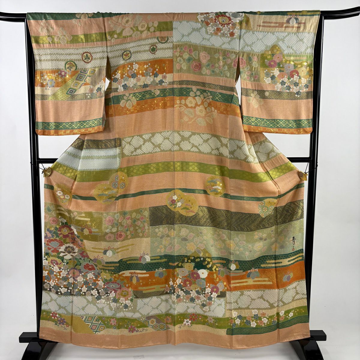 訪問服 身長163cm 袖長66cm M 雙層 松樹井青青 落款 草花紋紋 ヱ霞 金絲 金銀彩 淺橙色 純蠶絲 逸品級