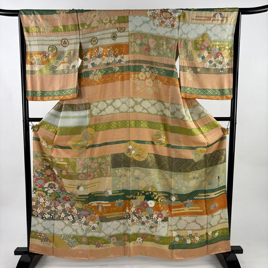 訪問服 身長163cm 袖長66cm M 雙層 松樹井青青 落款 草花紋紋 ヱ霞 金絲 金銀彩 淺橙色 純蠶絲 逸品級