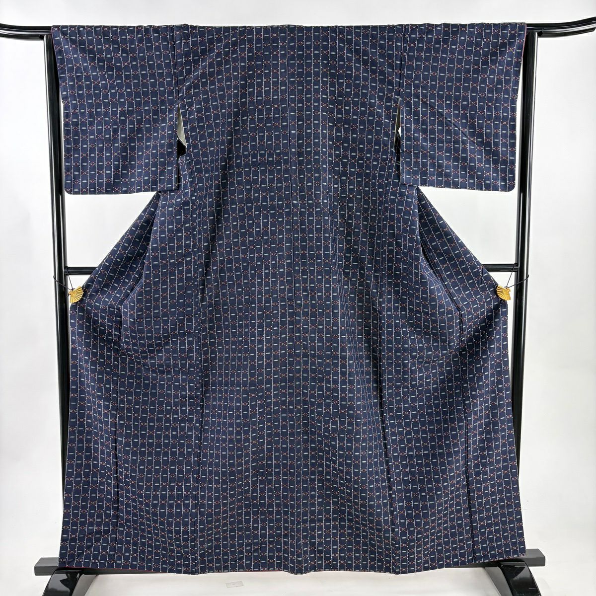 【美品】 紬織 身長161cm 袖長65cm M 雙層 縞紋 幾何圖案 花織 深藍 純蠶絲 逸品級