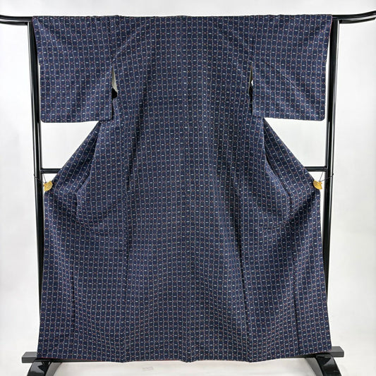 【美品】 紬織 身長161cm 袖長65cm M 雙層 縞紋 幾何圖案 花織 深藍 純蠶絲 逸品級