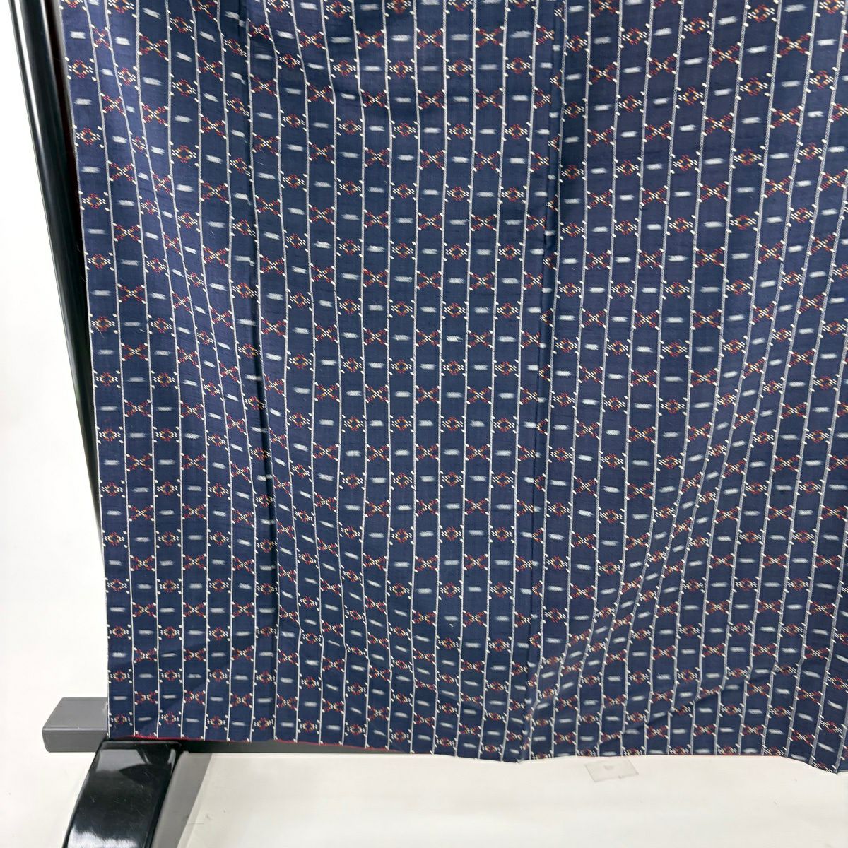 【美品】 紬織 身長161cm 袖長65cm M 雙層 縞紋 幾何圖案 花織 深藍 純蠶絲 逸品級