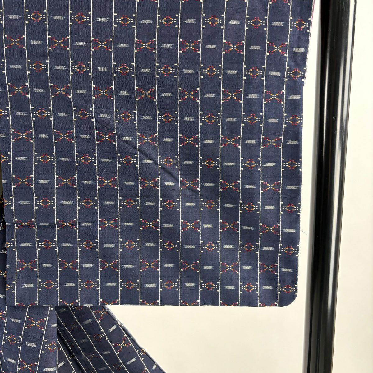 【美品】 紬織 身長161cm 袖長65cm M 雙層 縞紋 幾何圖案 花織 深藍 純蠶絲 逸品級