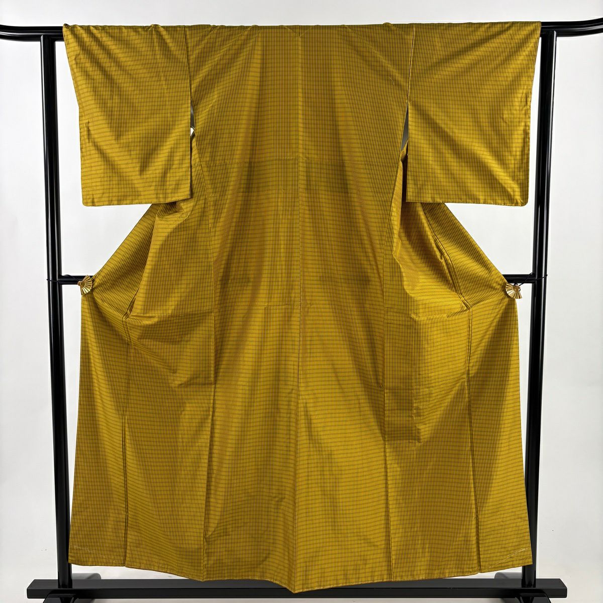 【美品】 紬織織 身長155.5cm 袖長62cm S 雙層 格子 芥末色 純蠶絲 逸品級