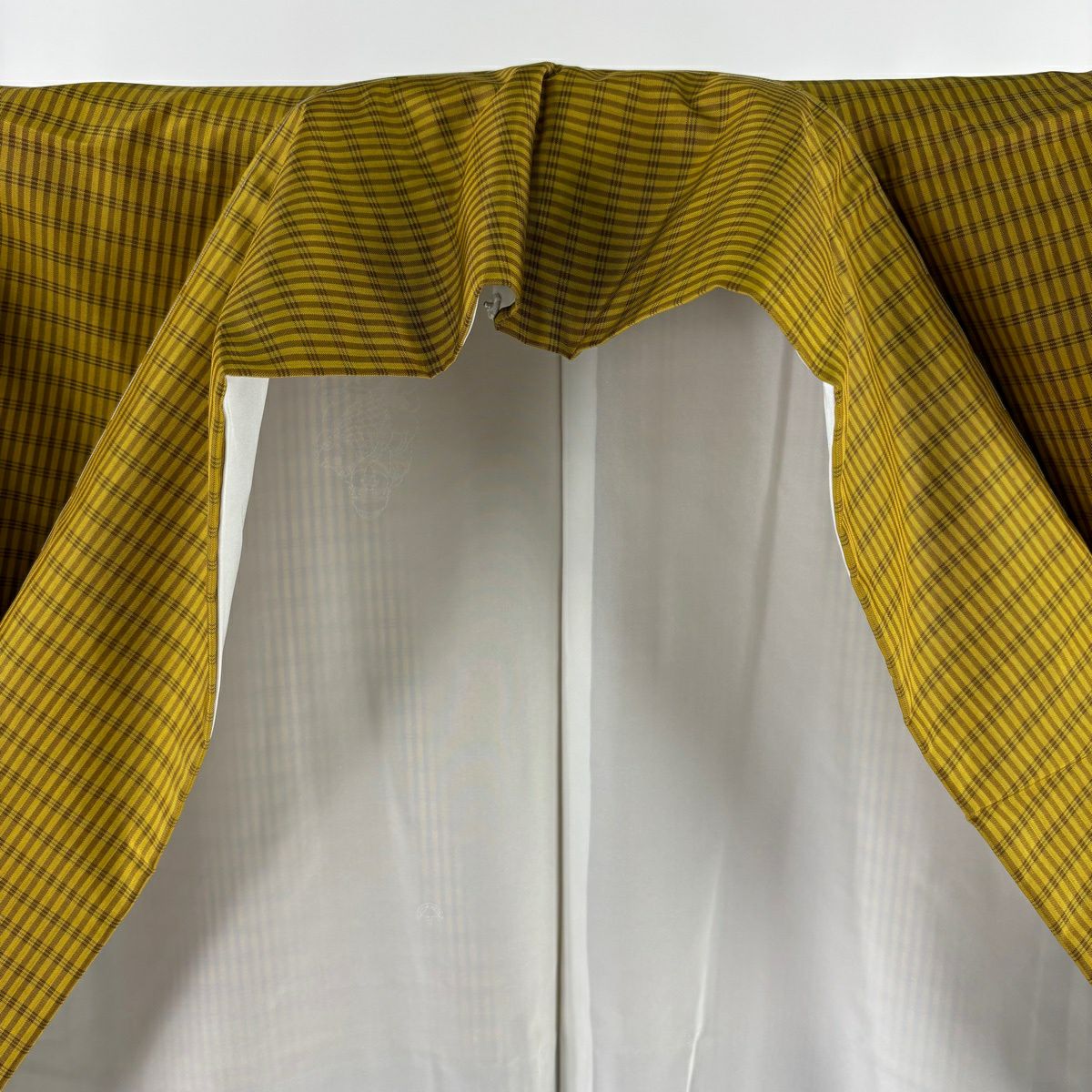 【美品】 紬織織 身長155.5cm 袖長62cm S 雙層 格子 芥末色 純蠶絲 逸品級