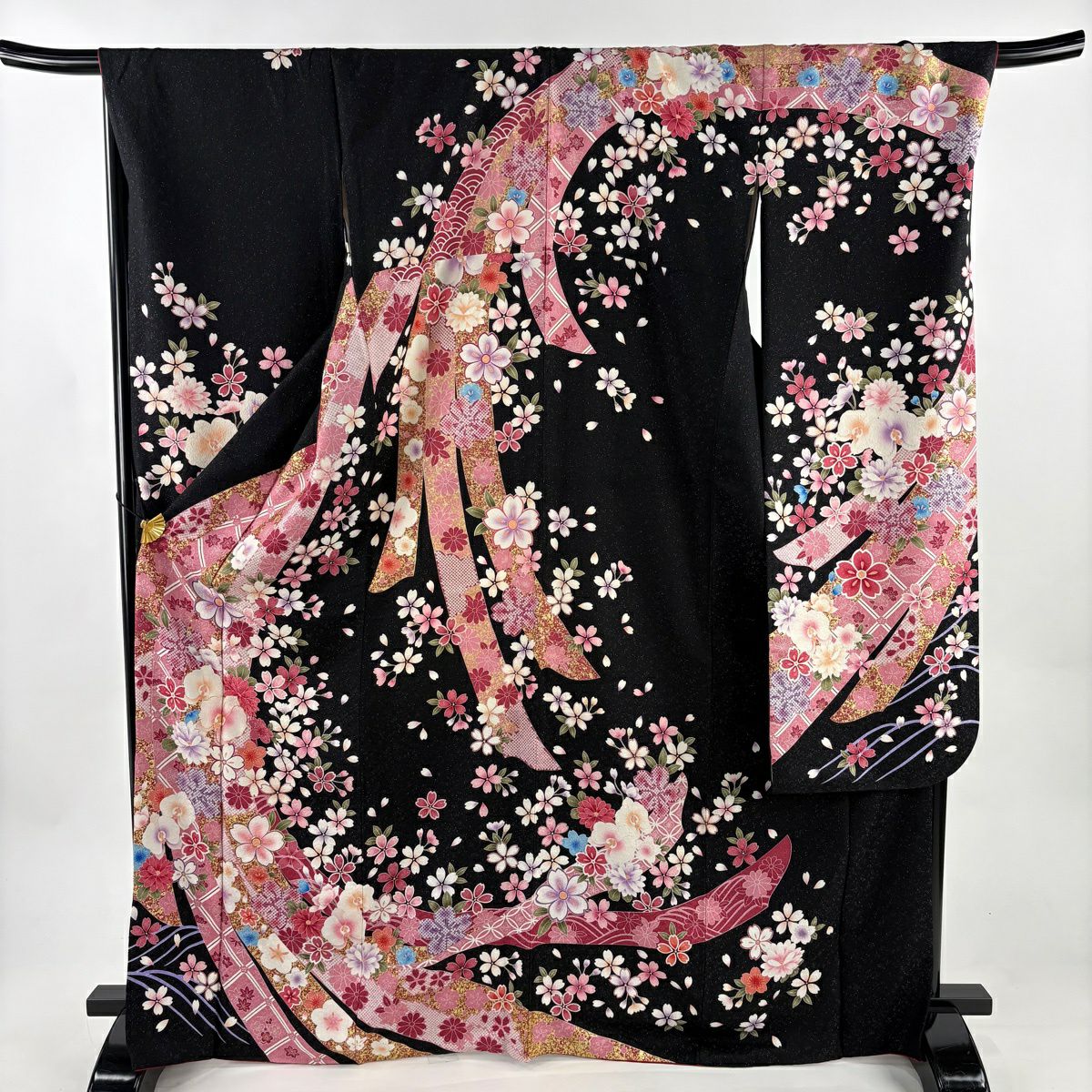 振袖禮服 身長170.5cm 袖長69cm L 雙層 櫻花 蝴蝶蘭 銀通 金絲 黑 純蠶絲 逸品級