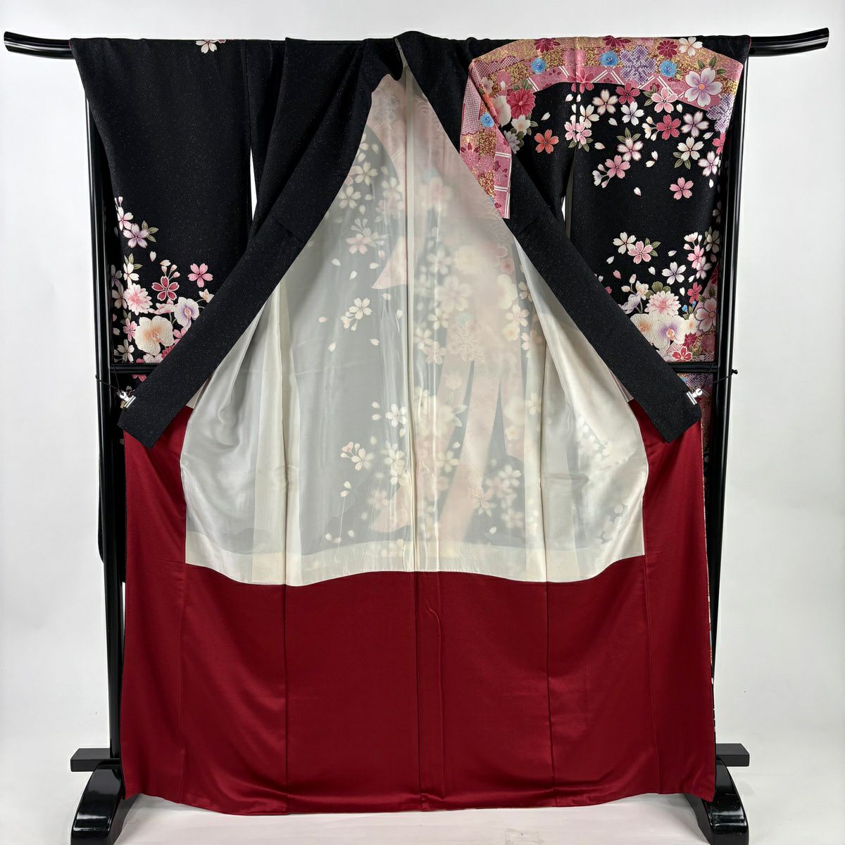 振袖禮服 身長170.5cm 袖長69cm L 雙層 櫻花 蝴蝶蘭 銀通 金絲 黑 純蠶絲 逸品級