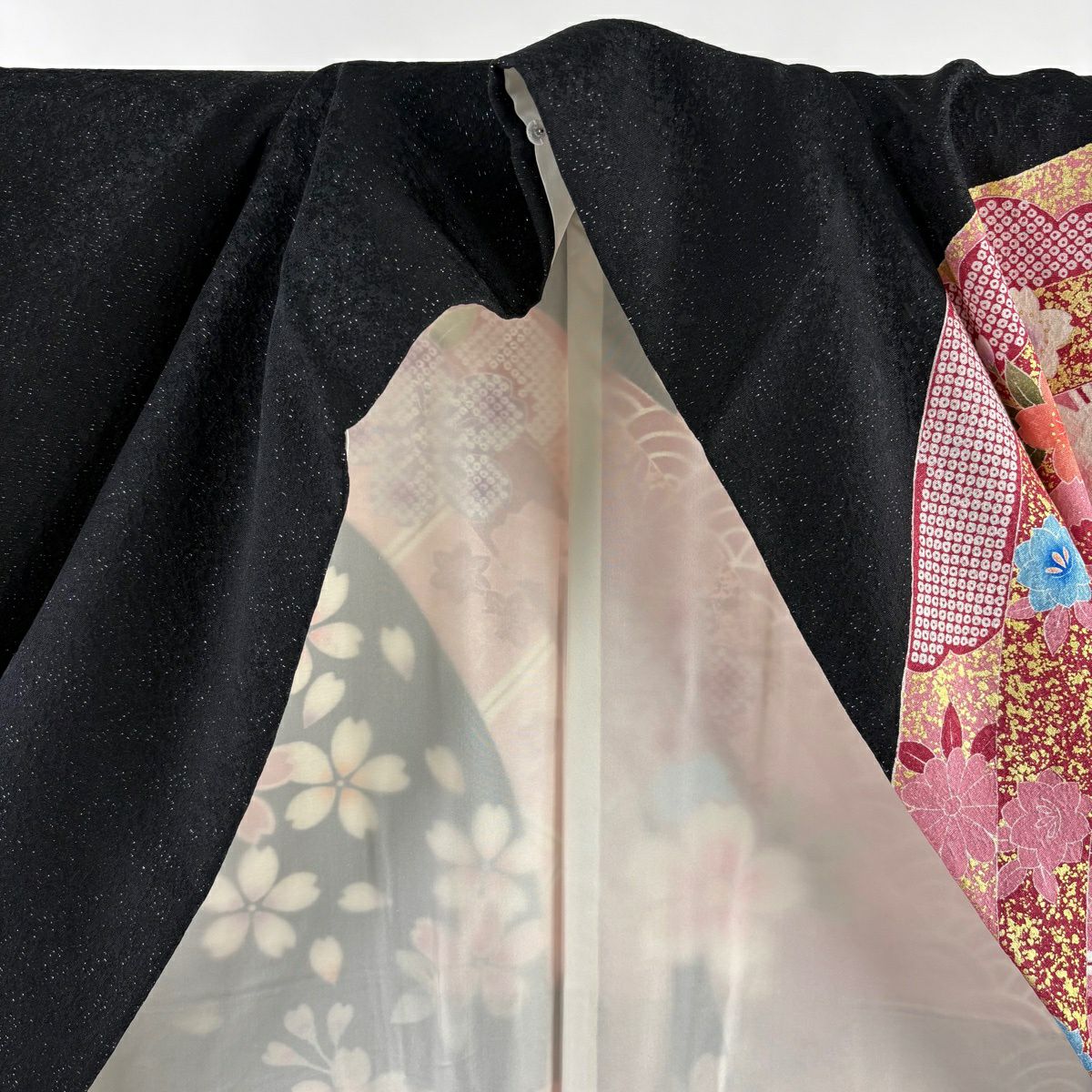 振袖禮服 身長170.5cm 袖長69cm L 雙層 櫻花 蝴蝶蘭 銀通 金絲 黑 純蠶絲 逸品級