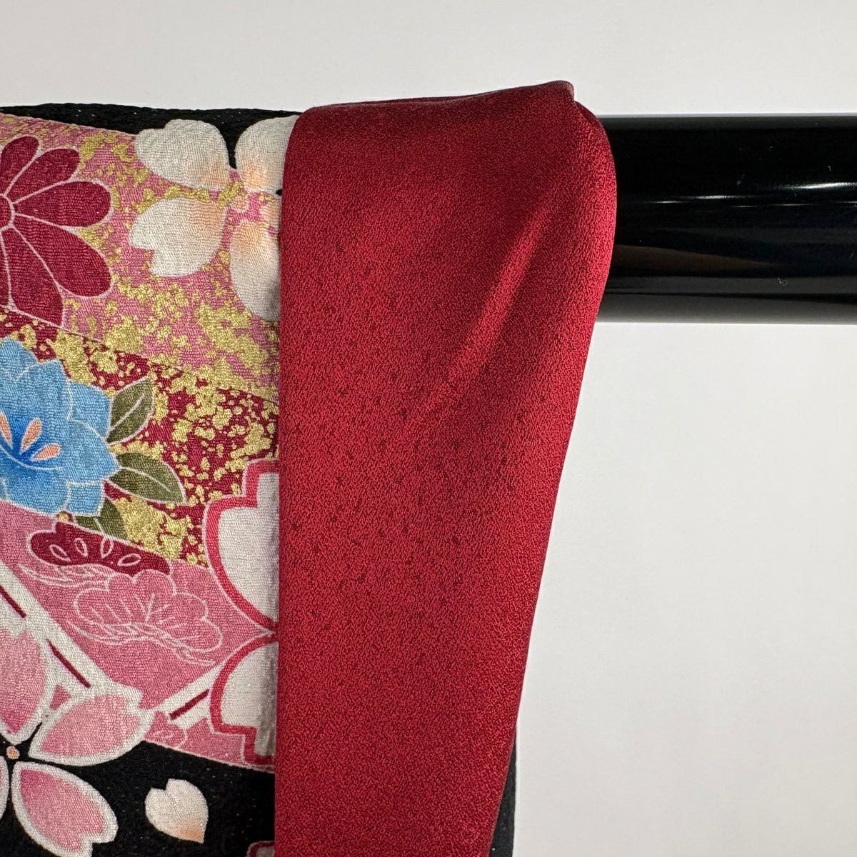 振袖禮服 身長170.5cm 袖長69cm L 雙層 櫻花 蝴蝶蘭 銀通 金絲 黑 純蠶絲 逸品級