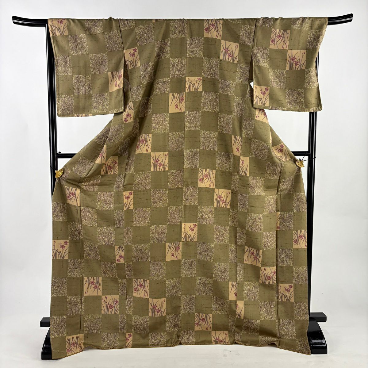 【美品】 小紋 身長176.5cm 袖長69.5cm L 雙層 紬織織 落款あり 市松樹 勿忘草 茶綠 純蠶絲 逸品級