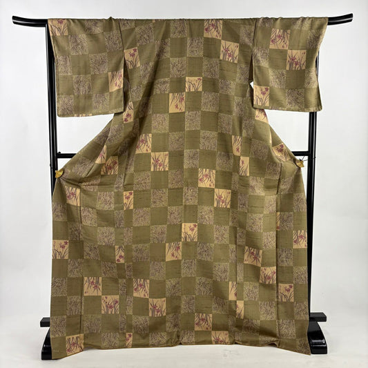 【美品】 小紋 身長176.5cm 袖長69.5cm L 雙層 紬織織 落款あり 市松樹 勿忘草 茶綠 純蠶絲 逸品級