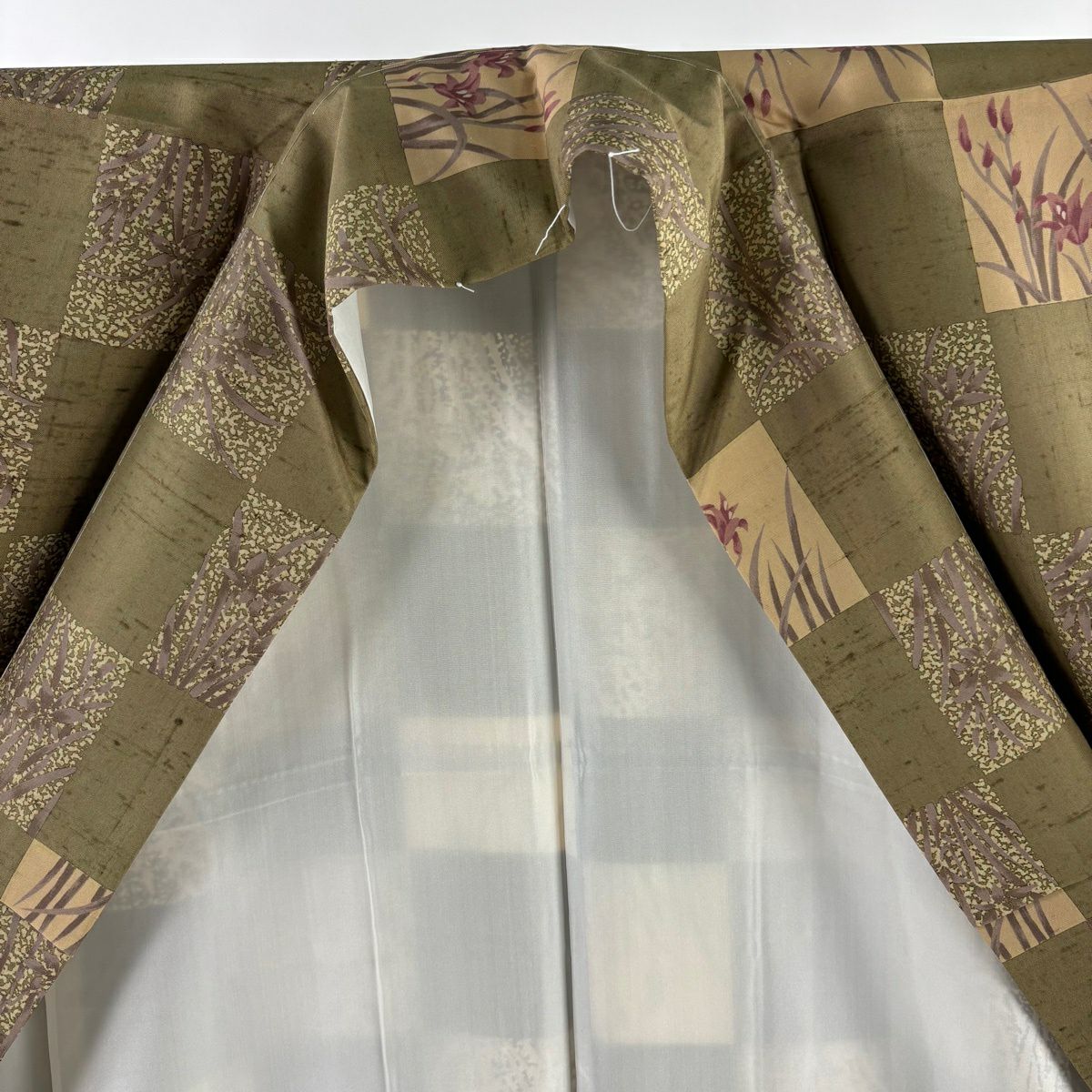 【美品】 小紋 身長176.5cm 袖長69.5cm L 雙層 紬織織 落款あり 市松樹 勿忘草 茶綠 純蠶絲 逸品級