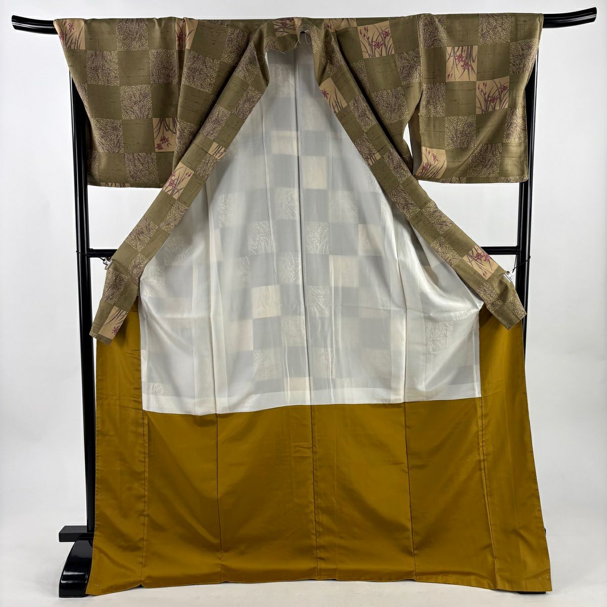 【美品】 小紋 身長176.5cm 袖長69.5cm L 雙層 紬織織 落款あり 市松樹 勿忘草 茶綠 純蠶絲 逸品級