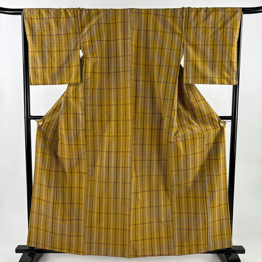 【美品】 紬織 身長161cm 袖長67.5cm L 雙層 格子 山吹茶 純蠶絲 逸品級