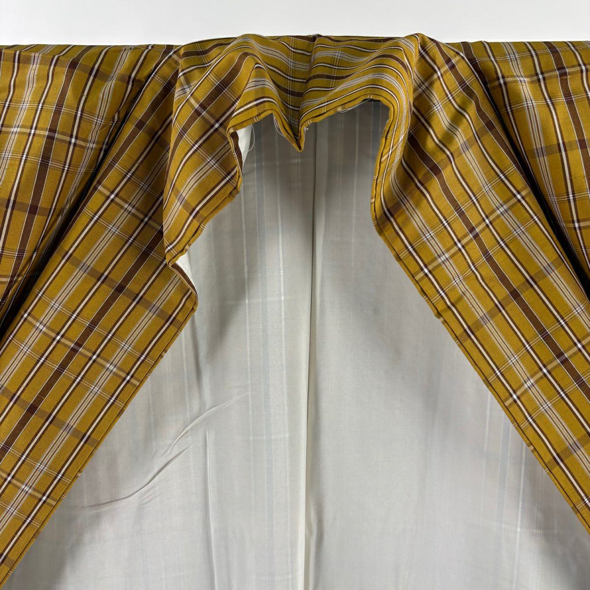 【美品】 紬織 身長161cm 袖長67.5cm L 雙層 格子 山吹茶 純蠶絲 逸品級