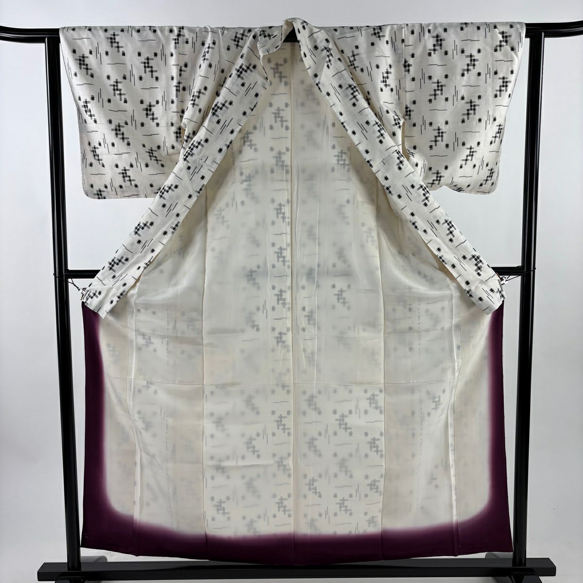 【美品】 紬織 身長157.5cm 袖長62cm S 雙層 本場琉球 絣花紋 幾何圖案 白 純蠶絲 逸品級