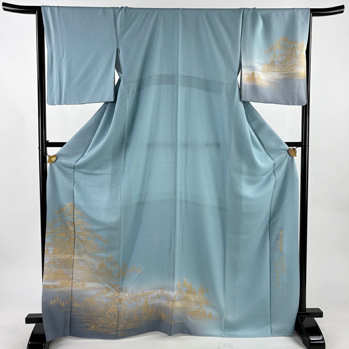 【美品】 付下 身長170cm 袖長67.5cm L 雙層 和田光正 落款あり 建物 竹子 金銀彩 漸層 水藍 純蠶絲 逸品級