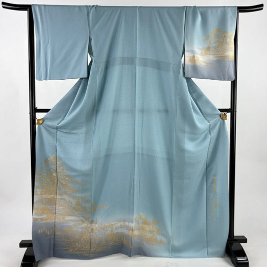 【美品】 付下 身長170cm 袖長67.5cm L 雙層 和田光正 落款あり 建物 竹子 金銀彩 漸層 水藍 純蠶絲 逸品級