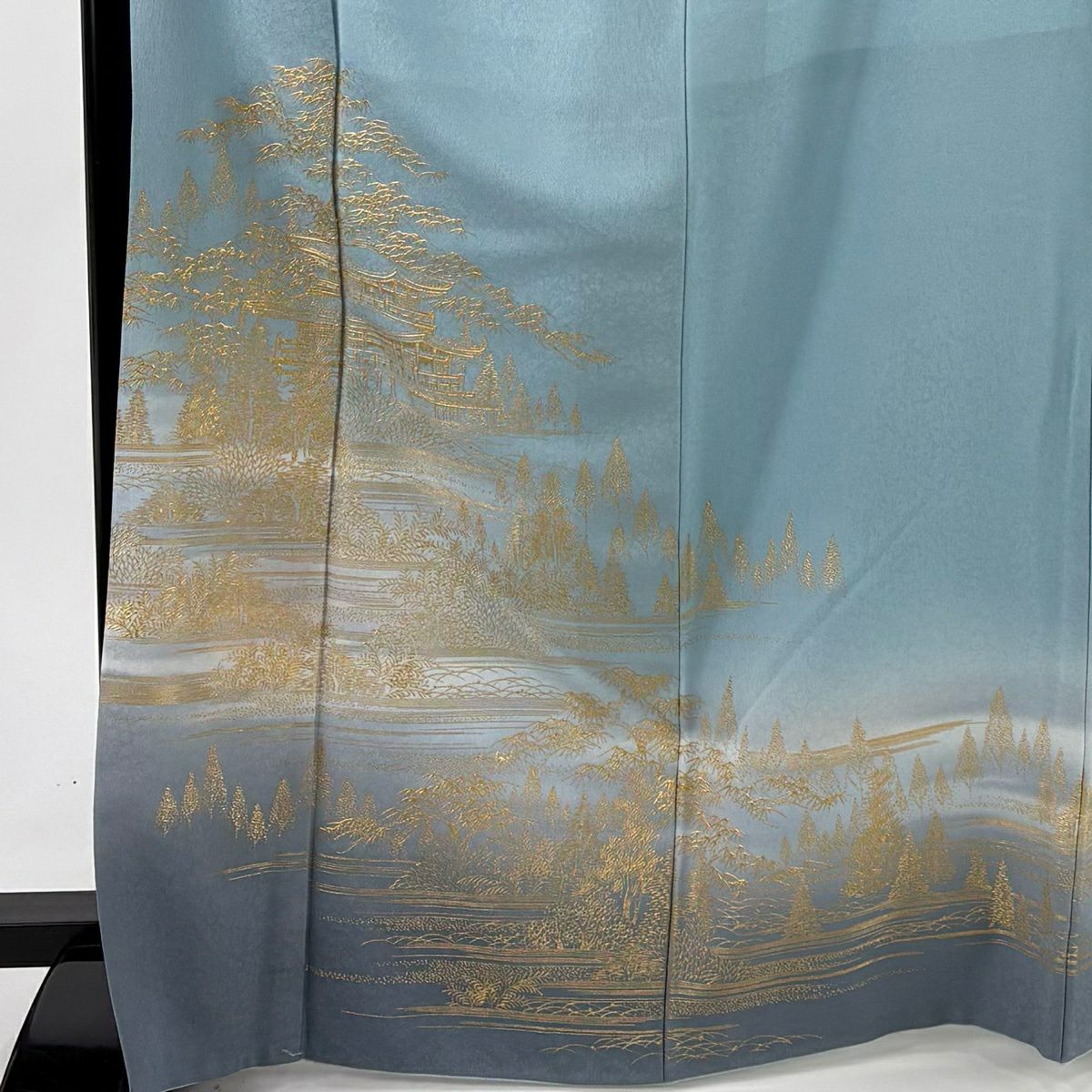 【美品】 付下 身長170cm 袖長67.5cm L 雙層 和田光正 落款あり 建物 竹子 金銀彩 漸層 水藍 純蠶絲 逸品級