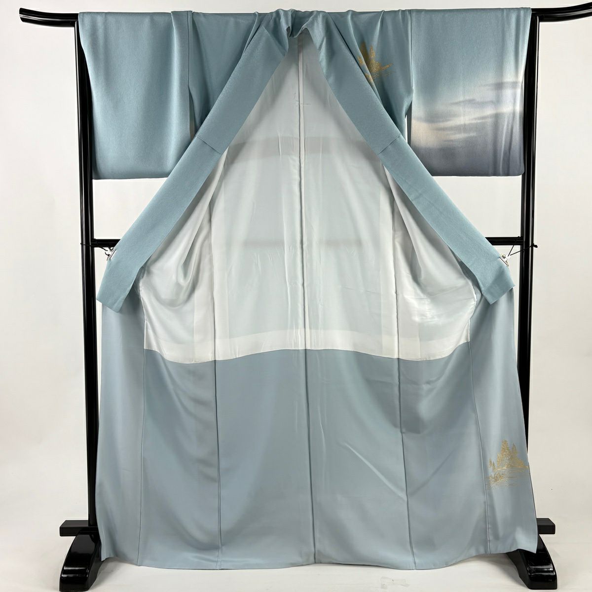 【美品】 付下 身長170cm 袖長67.5cm L 雙層 和田光正 落款あり 建物 竹子 金銀彩 漸層 水藍 純蠶絲 逸品級