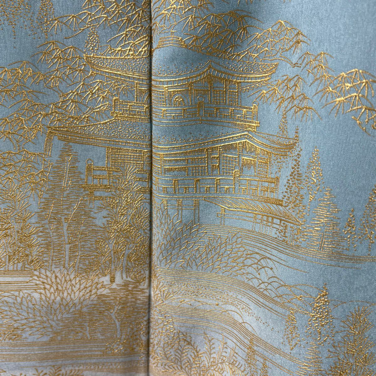 【美品】 付下 身長170cm 袖長67.5cm L 雙層 和田光正 落款あり 建物 竹子 金銀彩 漸層 水藍 純蠶絲 逸品級