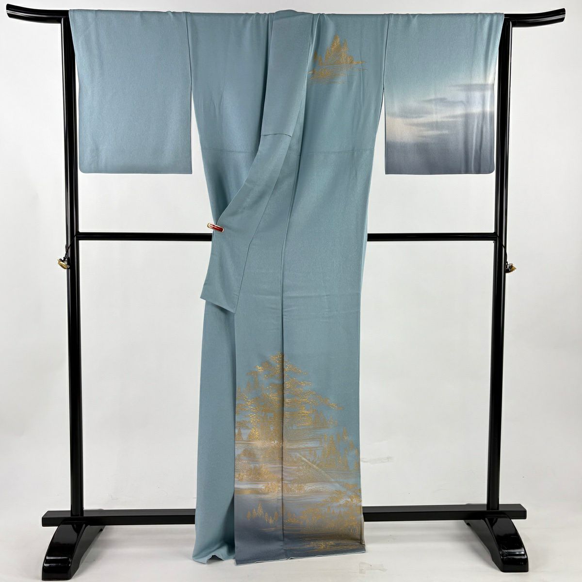 【美品】 付下 身長170cm 袖長67.5cm L 雙層 和田光正 落款あり 建物 竹子 金銀彩 漸層 水藍 純蠶絲 逸品級