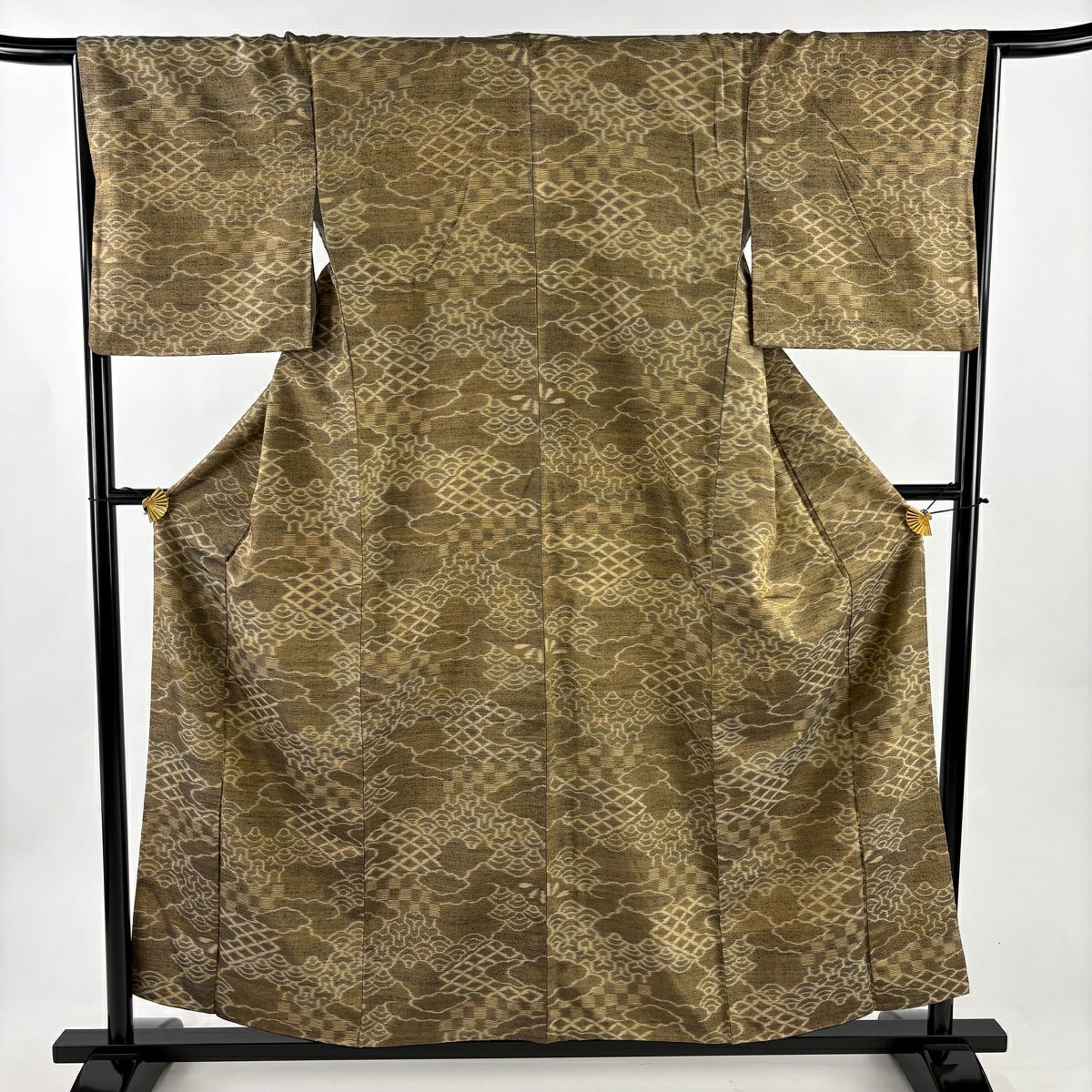 【美品】 付下 身長156.5cm 袖長65.5cm M 雙層 天然阿波藍 佐藤昭人認定書附 証紙あり 雲文 青海波 薄黃土 茶 純蠶絲 逸品級