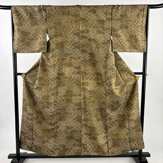 【美品】 付下 身長156.5cm 袖長65.5cm M 雙層 天然阿波藍 佐藤昭人認定書附 証紙あり 雲文 青海波 薄黃土 茶 純蠶絲 逸品級