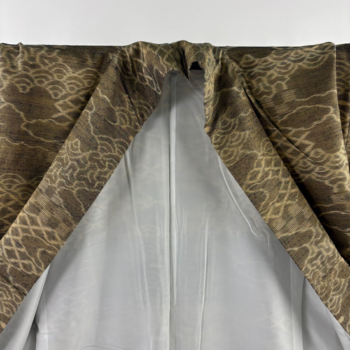 【美品】 付下 身長156.5cm 袖長65.5cm M 雙層 天然阿波藍 佐藤昭人認定書附 証紙あり 雲文 青海波 薄黃土 茶 純蠶絲 逸品級