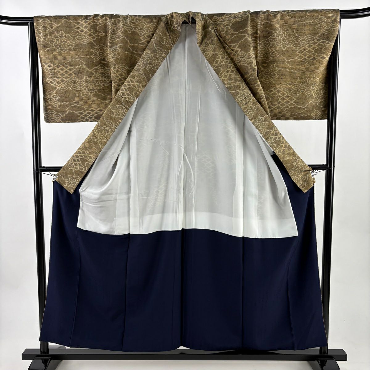 【美品】 付下 身長156.5cm 袖長65.5cm M 雙層 天然阿波藍 佐藤昭人認定書附 証紙あり 雲文 青海波 薄黃土 茶 純蠶絲 逸品級
