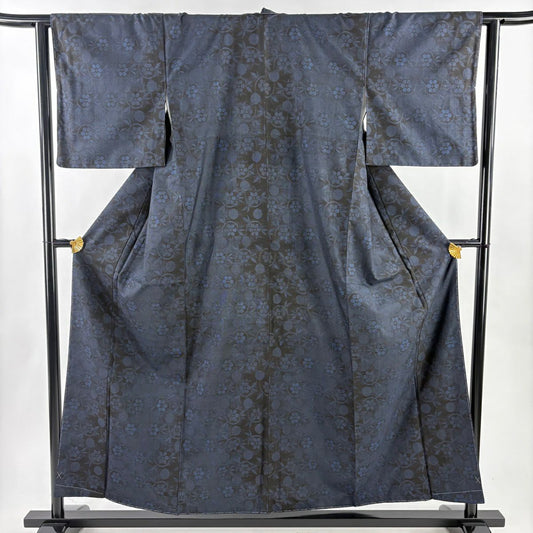 【美品】 大島紬織 身長156.5cm 袖長63.5cm S 雙層 都喜ヱ門 證書附帶 蘆藤 深藍 純蠶絲 逸品級