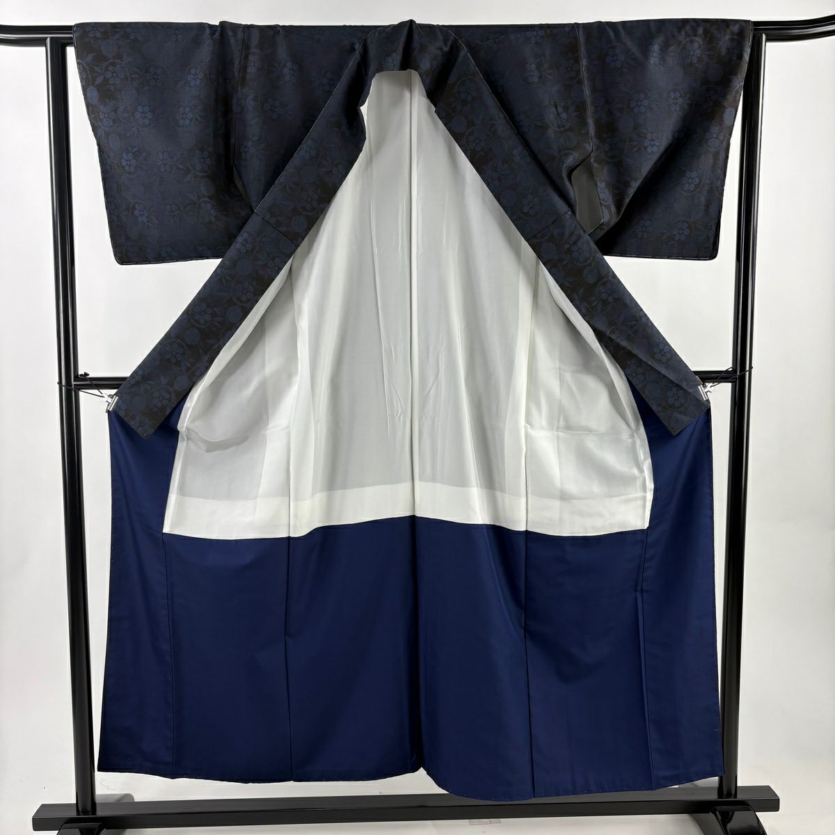【美品】 大島紬織 身長156.5cm 袖長63.5cm S 雙層 都喜ヱ門 證書附帶 蘆藤 深藍 純蠶絲 逸品級