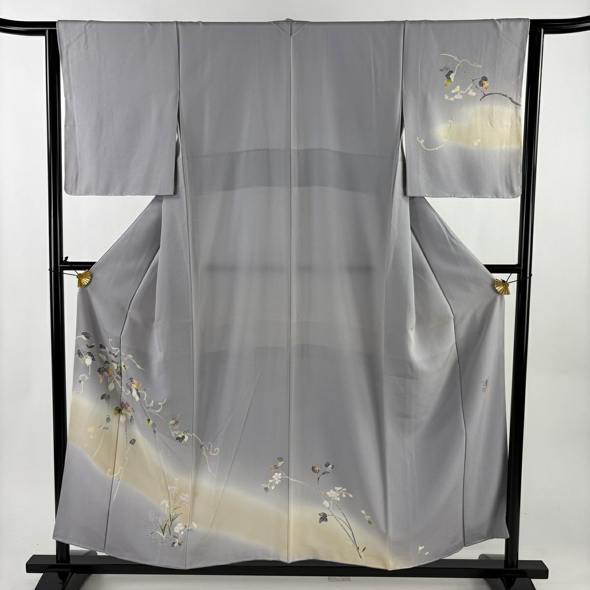 訪問服 身長156.5cm 袖長63cm S 雙層 百貫石峰 有落款 ほおずき 草花紋 染分 ぼかし 淡紫 純蠶絲 逸品級