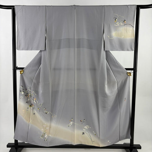 訪問服 身長156.5cm 袖長63cm S 雙層 百貫石峰 有落款 ほおずき 草花紋 染分 ぼかし 淡紫 純蠶絲 逸品級