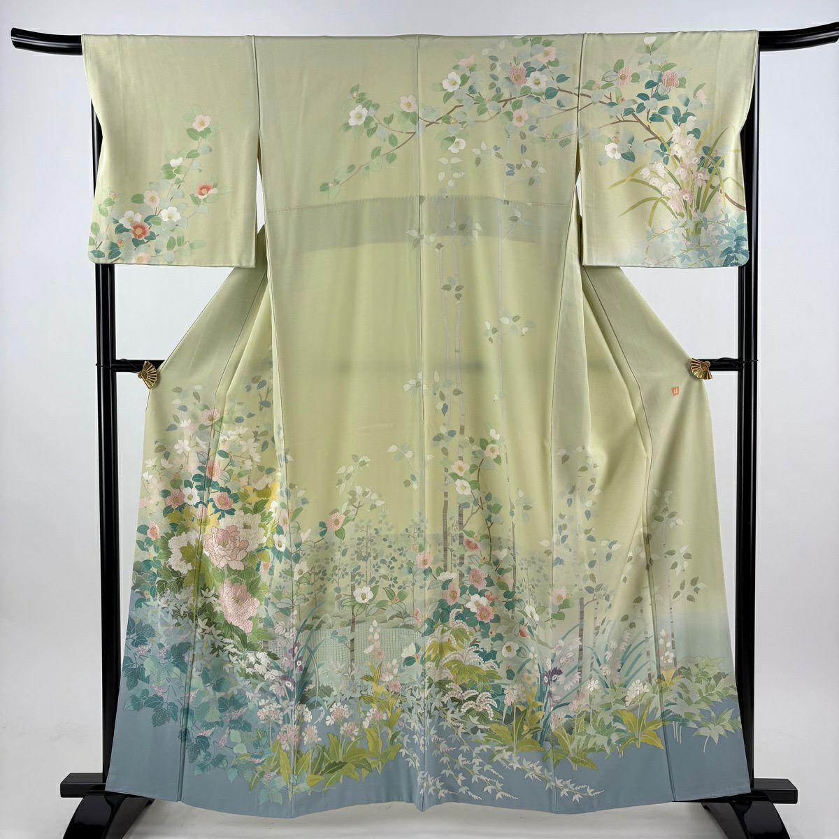 訪問服 身長160cm 袖長66.5cm M 雙層 落款有 牡丹 椿刺繡 金絲 淺綠 純蠶絲 逸品級