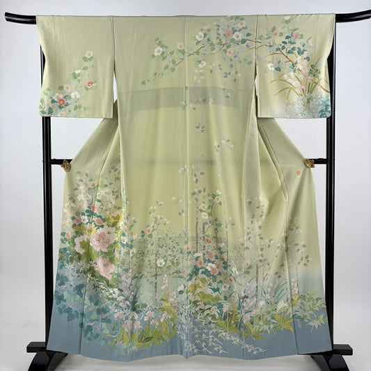 訪問服 身長160cm 袖長66.5cm M 雙層 落款有 牡丹 椿刺繡 金絲 淺綠 純蠶絲 逸品級